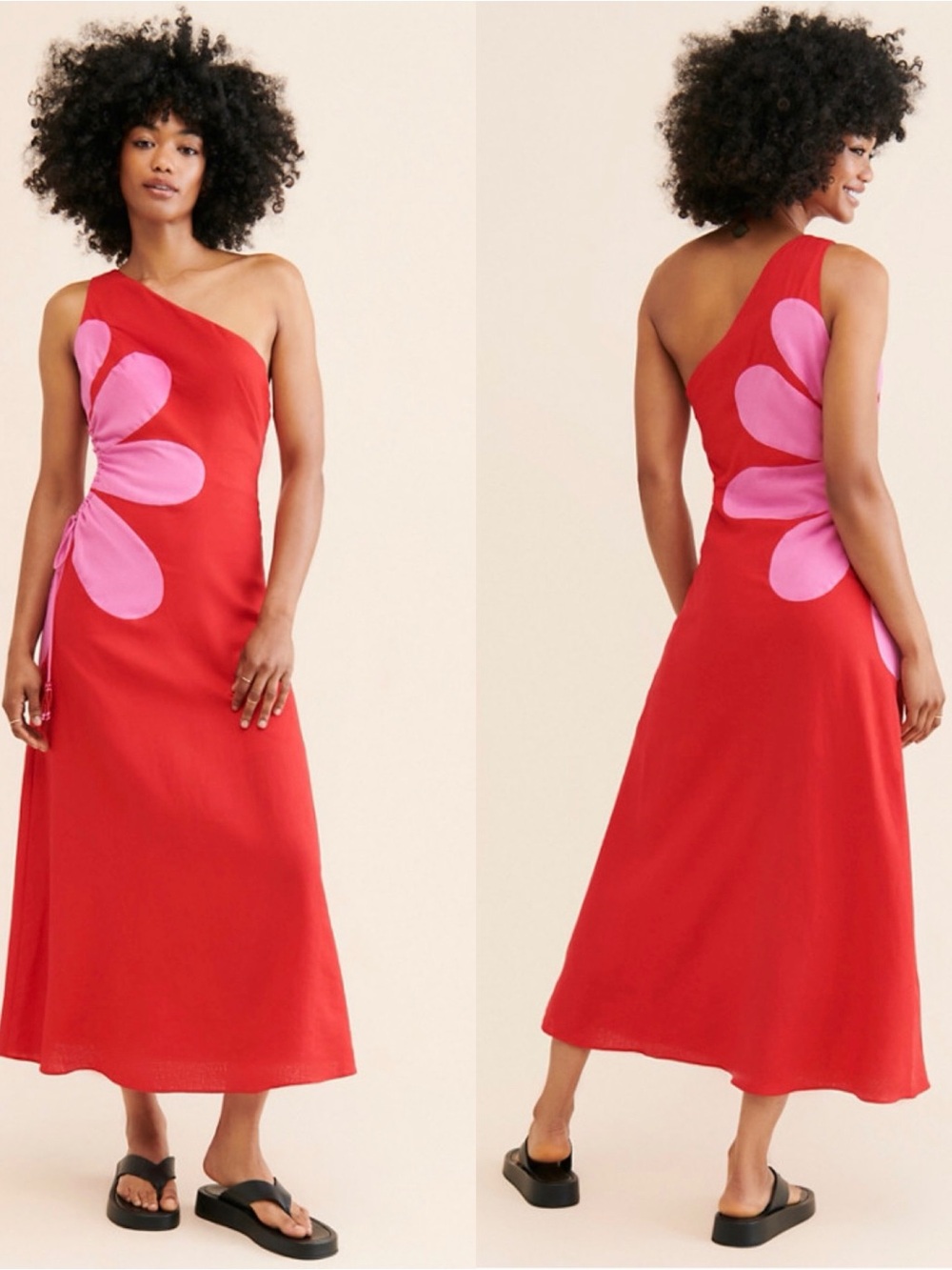 Anthropologie FARM Rio One-Shoulder Cut Out Flower Dress Red Pink Size Medium